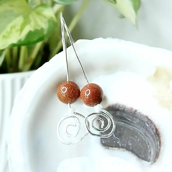 Hammered Goldstone Beaded Dangle Earrings, Gold or Silver, 1.5" - Picture 3 of 6